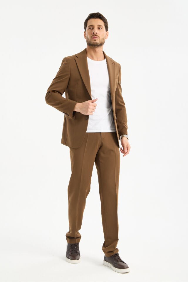 Dia Slim Fit Çift Yırtmaç Kahve Renk Mono Yaka Likralı Kahverengi Takım Elbise Kahverengi - 56-6 Drop